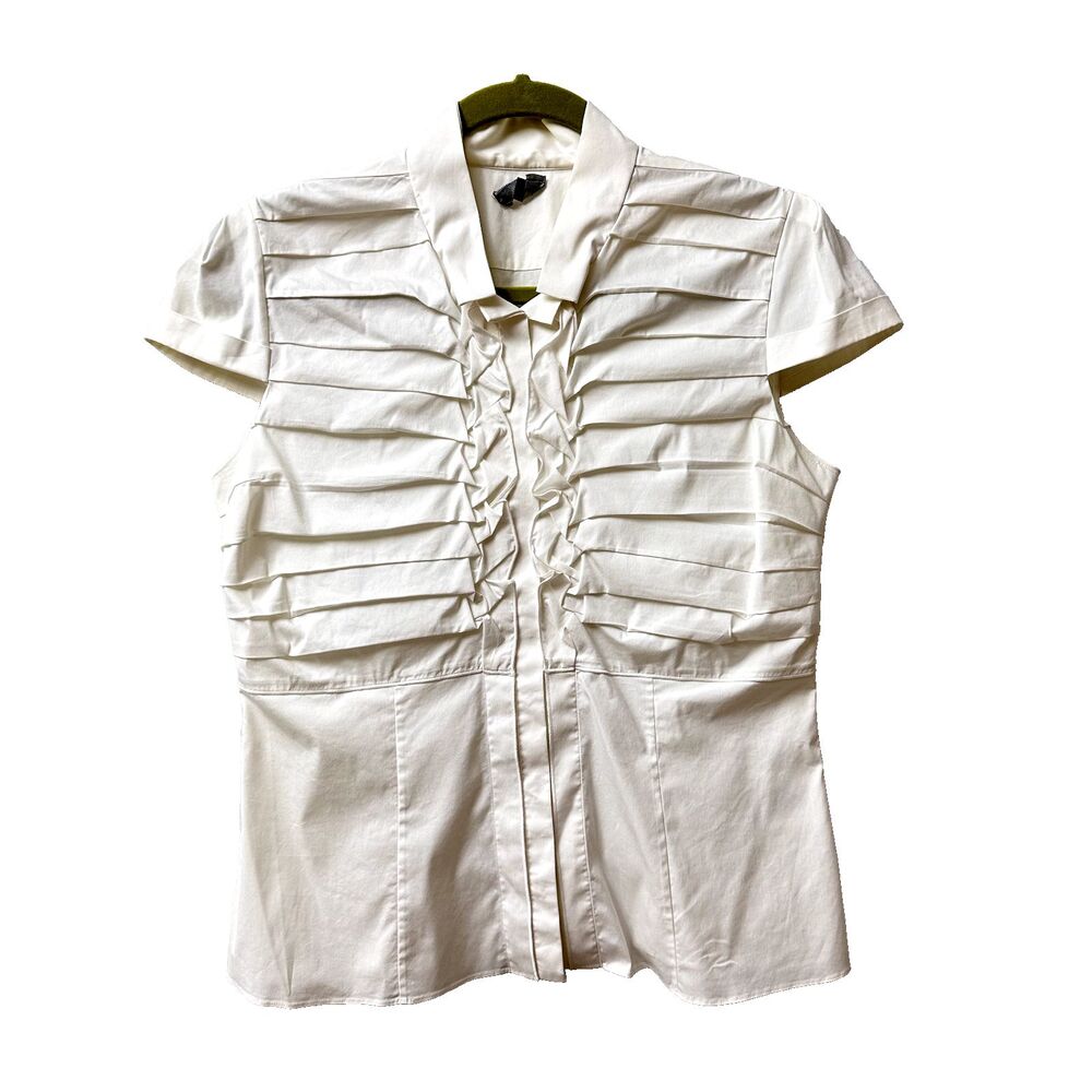 MANTU Women's Cream Shirt Sz 42/6 Button-Up Pleated Front Cotton Made in Italy